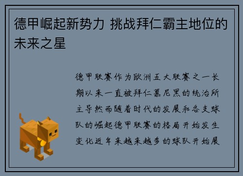 德甲崛起新势力 挑战拜仁霸主地位的未来之星