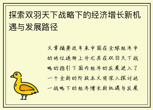 探索双羽天下战略下的经济增长新机遇与发展路径