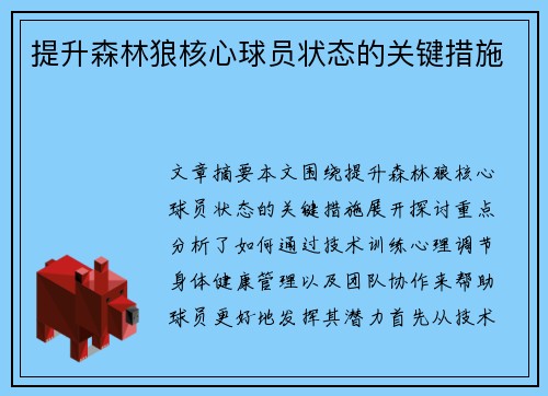 提升森林狼核心球员状态的关键措施