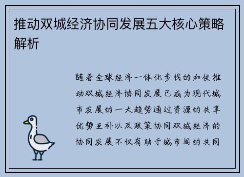推动双城经济协同发展五大核心策略解析