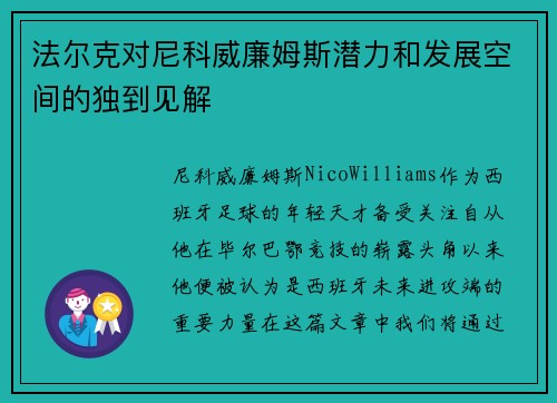 法尔克对尼科威廉姆斯潜力和发展空间的独到见解