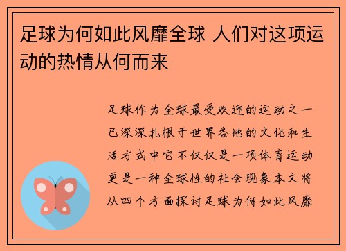 足球为何如此风靡全球 人们对这项运动的热情从何而来